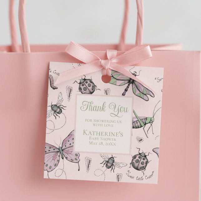 Söt Trädgårdsinsekt Rosa Tack Gåvor Etiketter (Cute Thank You Insect Pattern Girl Baby Shower Favor Tag for Mother to Be. Elegant Pink & Green Bugs)