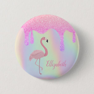 Söt Trendig Holografi, Rosa Flamingo Knapp