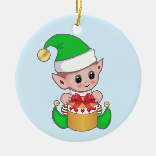 Söt trendig julalf på ljusblå julgransprydnad keramik (Framsidan)