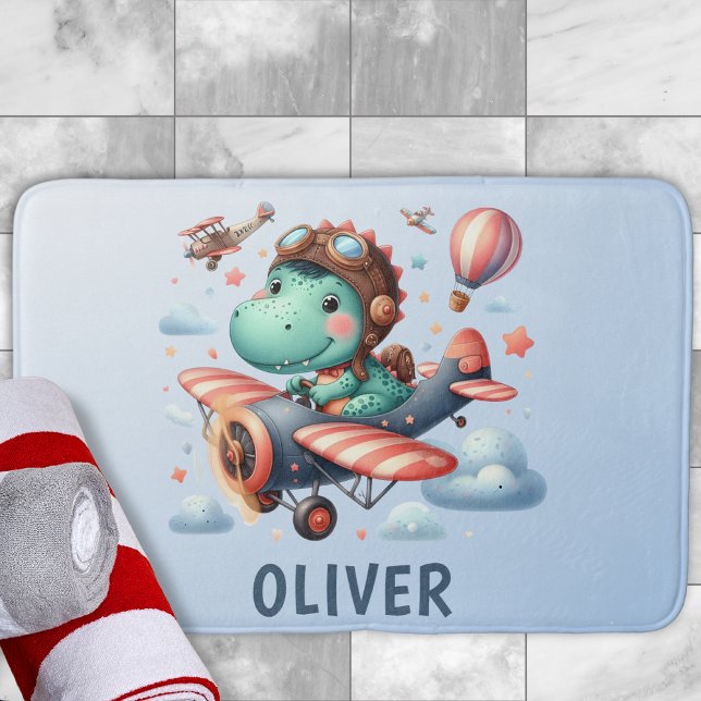 Söt Trex-dinosaur flyger ett charmigt flygplan Badrumsmatta (Skapare uppladdad)