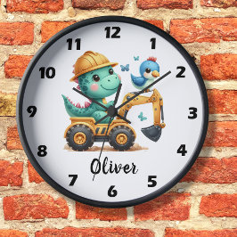 Söt Trex-dinosaur som kör ett byggfordon Stor Klocka