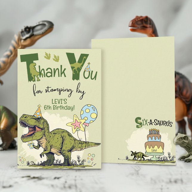 Söt TRex-dinosaurie Six-A-Saurus 6-års födelsedags Tack Kort (Cute 6-Rex T-Rex Dinosaur Six-A-Saurus sixth Jurassic Dino 6th boy birthday party thank you stomping)