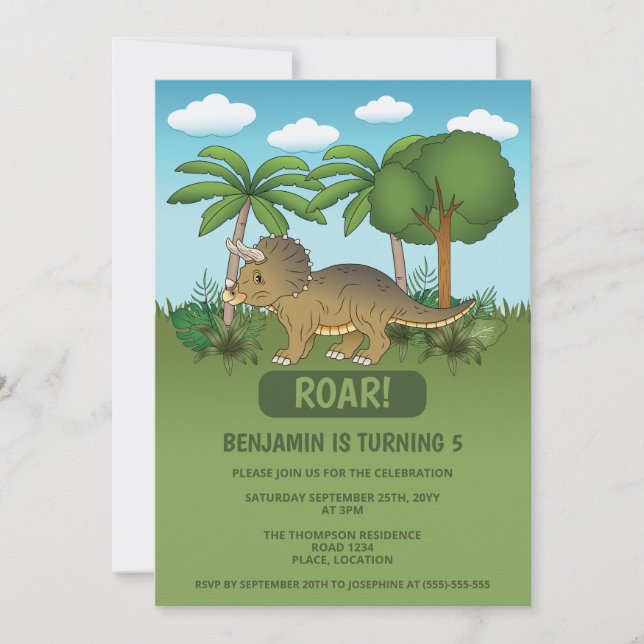 Söt Triceratops Dinosaurie Tropisk Barnkalas Inbjudningar (Framsida)