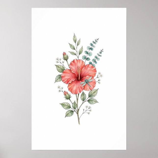 Söt Trollslända Hibiskus Akvarell Trädgård  Poster (Framsidan)