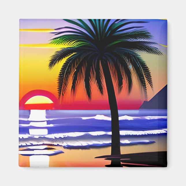 Söt Tropical Handflatan Träd och Sunset Magnet (Framsidan)