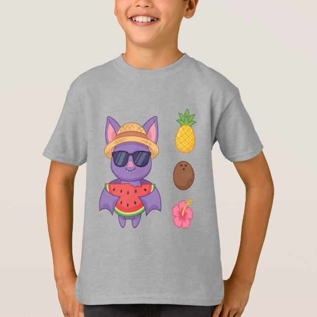 Söt Tropisk Fladdermus Vattenmelon Strand T-Shirt (Framsida)