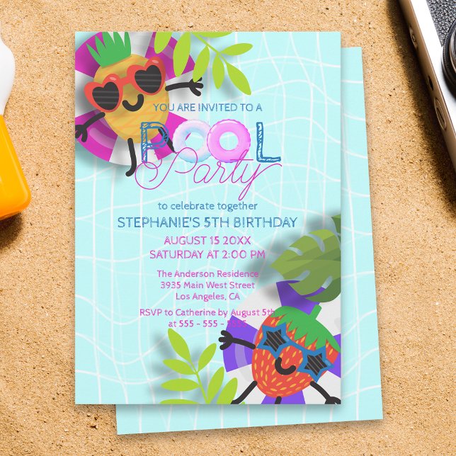 Söt Tropisk Frukt Poolparty Barnkalas Inbjudningar (Skapare uppladdad)