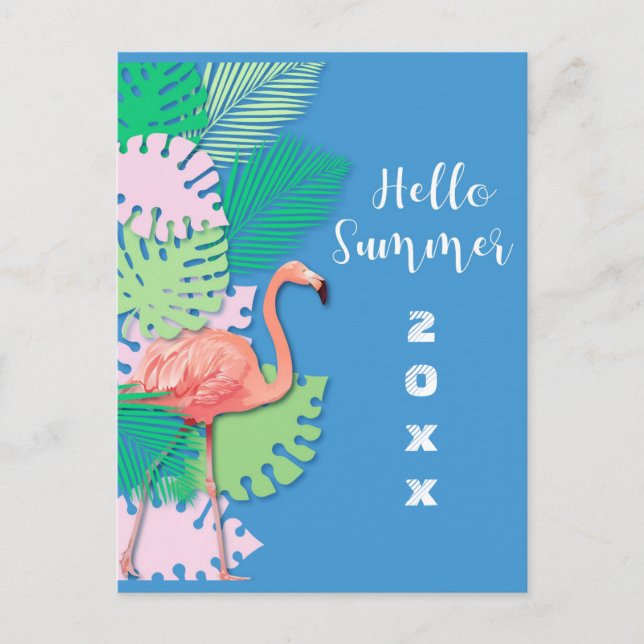 Söt tropisk rosa flamingo Hej sommar Vykort (Framsida)