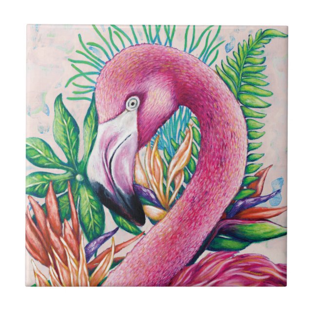 Söt tropisk rosa flamingo keramisk kakel (Framsidan)