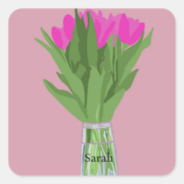 Söt Tulip Flower Modern Illustration + Namn Fyrkantigt Klistermärke