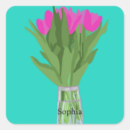 Söt Tulip Flower Modern Illustration + Namn Fyrkantigt Klistermärke