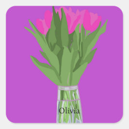 Söt Tulip Flower Modern Illustration + Namn Fyrkantigt Klistermärke