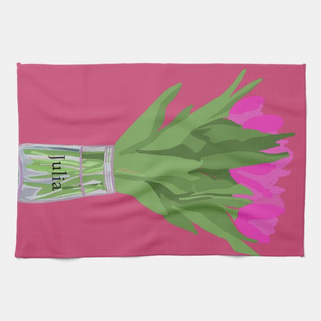 Söt Tulip Flower Modern Illustration + Namn Kökshandduk (Horisontell)