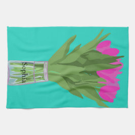 Söt Tulip Flower Modern Illustration + Namn Kökshandduk