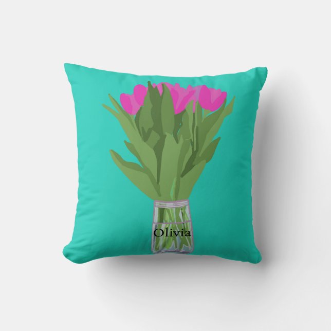 Söt Tulip Flower Modern Illustration + Namn Kudde (Framsida)