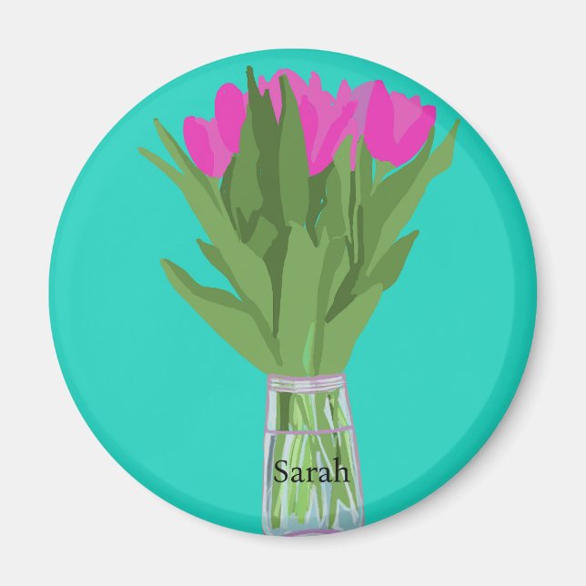 Söt Tulip Flower Modern Illustration + Namn Magnet (Framsidan)