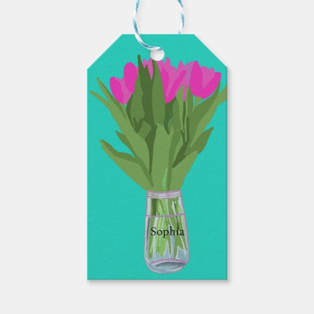 Söt Tulip Flower Modern Illustration + Namn Presentetikett (Framsidan)