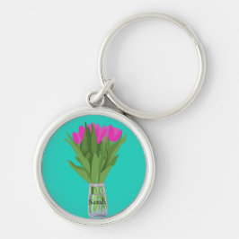 Söt Tulip Flower Modern Illustration + Namn Rund Silverfärgad Nyckelring