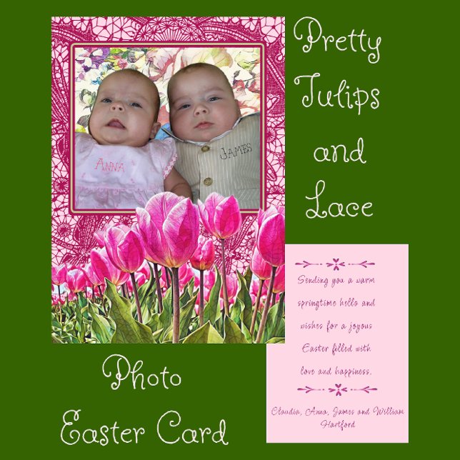 Söt Tulips och Elegant Snöre Photo Påsk Card Julkort (Easily add your photo to create this beautiful Easter card.)