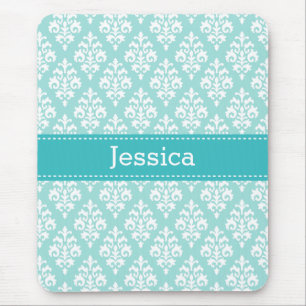 Söt Turcos Blue och Mint Damask Pattern Namn Musmatta
