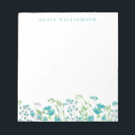 Söt Turkos Blue Watercolor Blommigt med Namn Anteckningsblock<br><div class="desc">Fin vattenfärgsmålning av känsliga blommigtar i turkosblått,  personlig med ditt namn.</div>