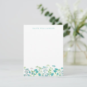 Söt Turkos Blue Watercolor Blommigt med Namn Anteckningskort