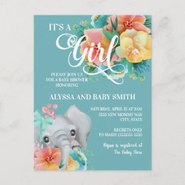 Söt turkos gul rosa elefant baby shower vykort
