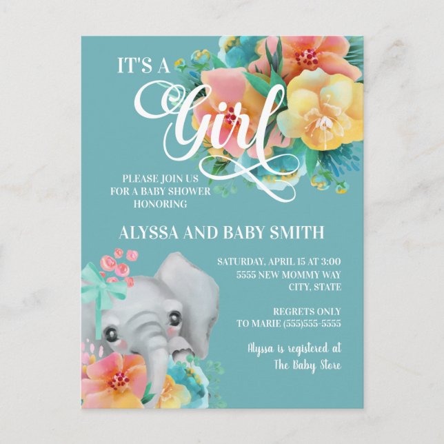 Söt turkos gul rosa elefant baby shower vykort (Framsida)
