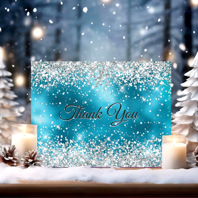 Söt turkos silverfärgad falsk glitter tack kort (Skapare uppladdad)