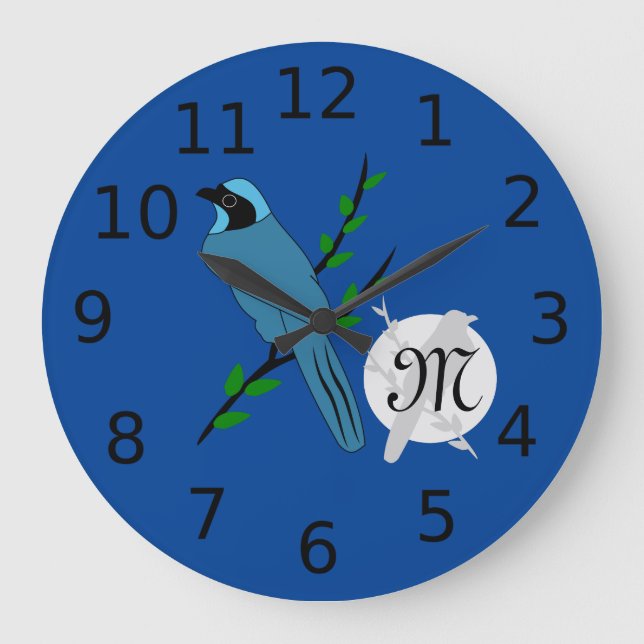 Söt Turkvoise Jay Bird Monogram Stor Klocka (Framsida)