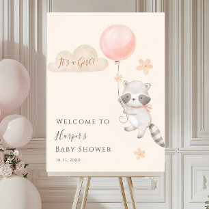 Söt tvättbjörn flygande ballong Baby Shower Välkom Poster
