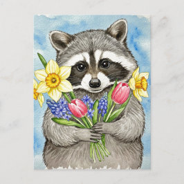 Söt tvättbjörn med vårblommor postkort helg vykort