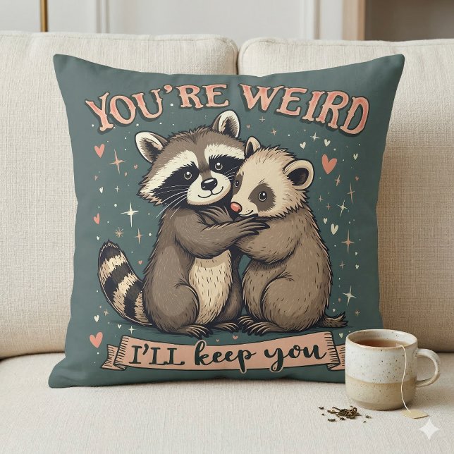 Söt tvättbjörn och iller omfamning med rolig citat kudde (Cute Raccoon and Ferret Hug with Funny Quote Throw Pillow Mockup A)