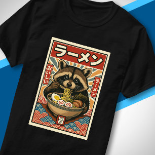 Söt tvättbjörn som äter Ramen Retro Japansk Stil K T Shirt