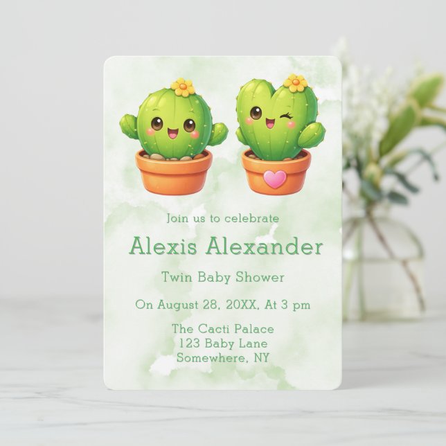 Söt Tvillingkaktus Baby Shower Inbjudningar (Stående Fram)