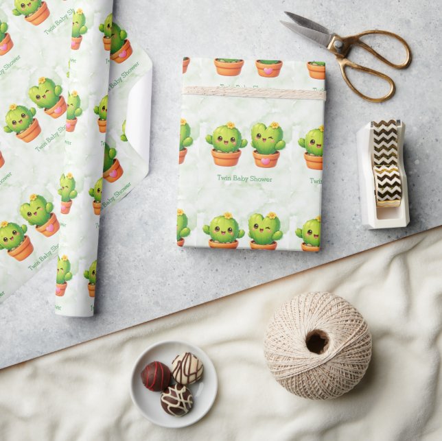 Söt Tvillingkaktus Baby Shower Presentpapper (Hantverk)
