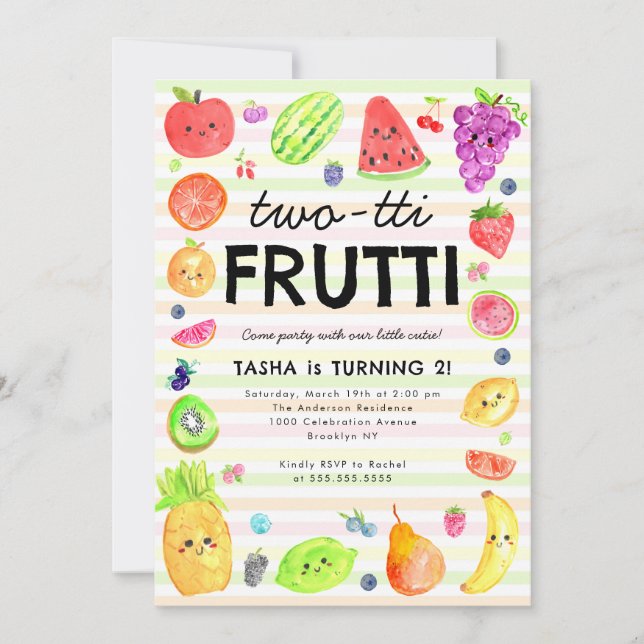 Söt TWO-tti Frutti Sommar Frukt 2-årsdag Inbjudningar (Framsida)