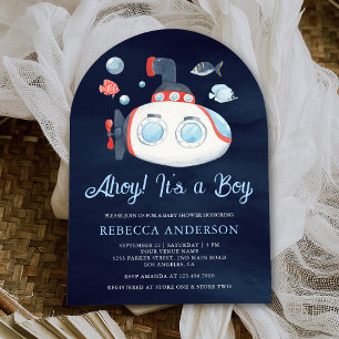 Söt ubåt nautisk marinblå båge baby shower inbjudningar