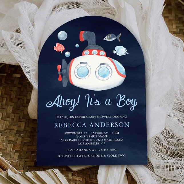 Söt ubåt nautisk marinblå båge baby shower inbjudningar (Skapare uppladdad)