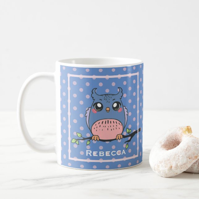 Söt uggla konst prickig personlig blå och rosa  kaffemugg (Med munk)
