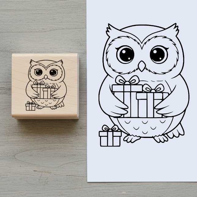 Söt uggla med gåvor Trästämpel Stämpel (Cute owl with gifts wooden art stamp for cardmaking, and various art and crafts projects.)