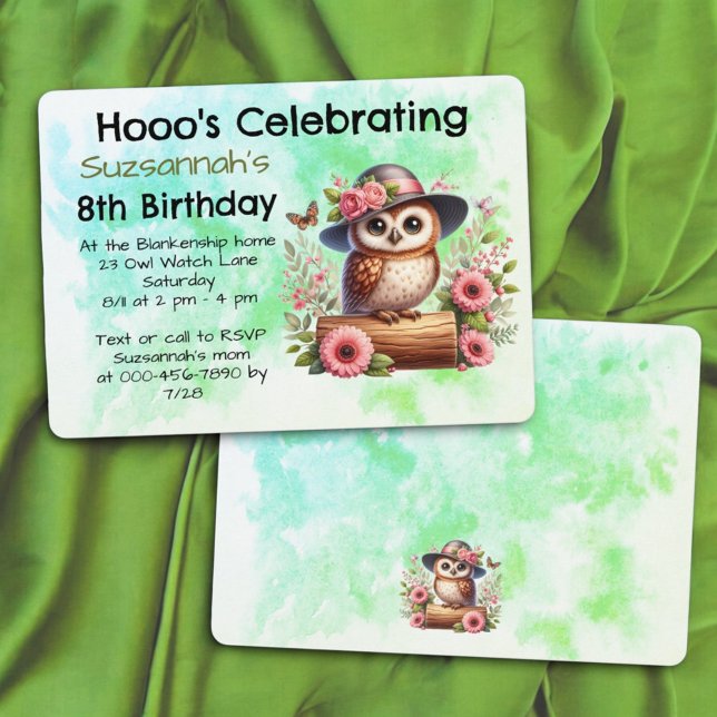 Söt uggla med hatt som sitter på en stock inbjudningar (front and back ol template birthday invitation)