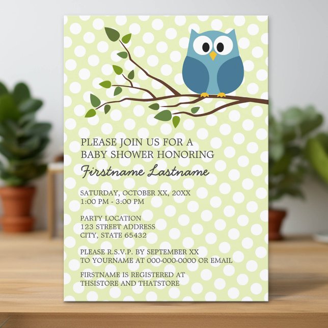 Söt uggla på gren med prickar Baby Shower Inbjudningar (Custom Invitation with Download Option)