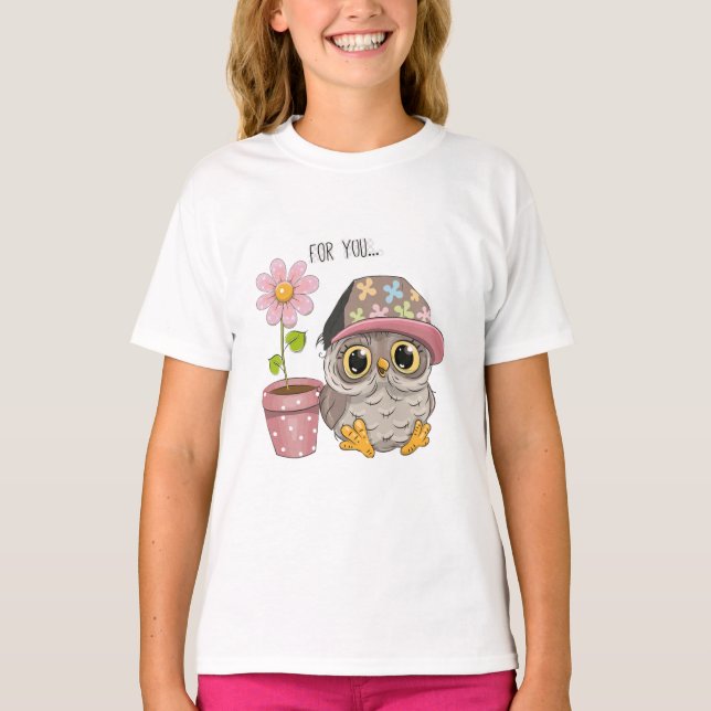 Söt Ugglas Blomster Tjej T-Shirt - Söta Blommiga D (Framsida)