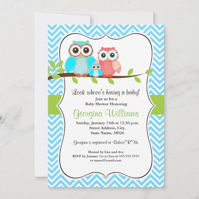 Söt Uggle Baby Shower Inbjudan / Blå (Framsida)