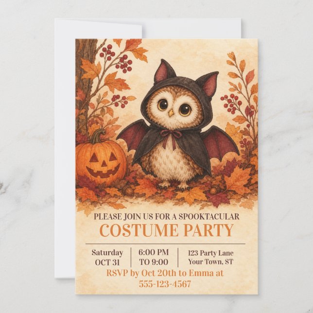 Söt Uggle Fladdermus Kostym Halloween Fest Inbjuda Inbjudningar (Framsida)