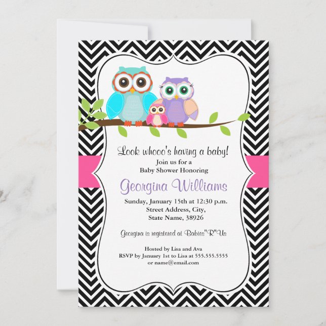 Söt Uggle Flicka Baby Shower Inbjudan (Framsida)