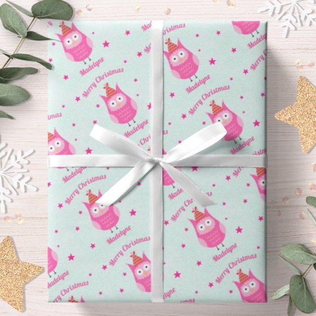Söt Uggle Jul Rosa Snö Stjärnor Personlig Presentpapper (Skapare uppladdad)