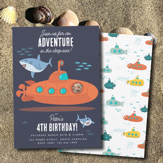 Söt undervattensbåt djuphavsfödelsedag barn foto h inbjudningar (Cute Submarine Deep Sea Birthday Kids Photo Shark Invitation)