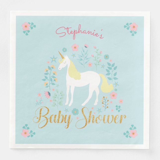 Söt Unicorn Aqua Guld Glitter Baby Shower Pappersservett (Framsida)